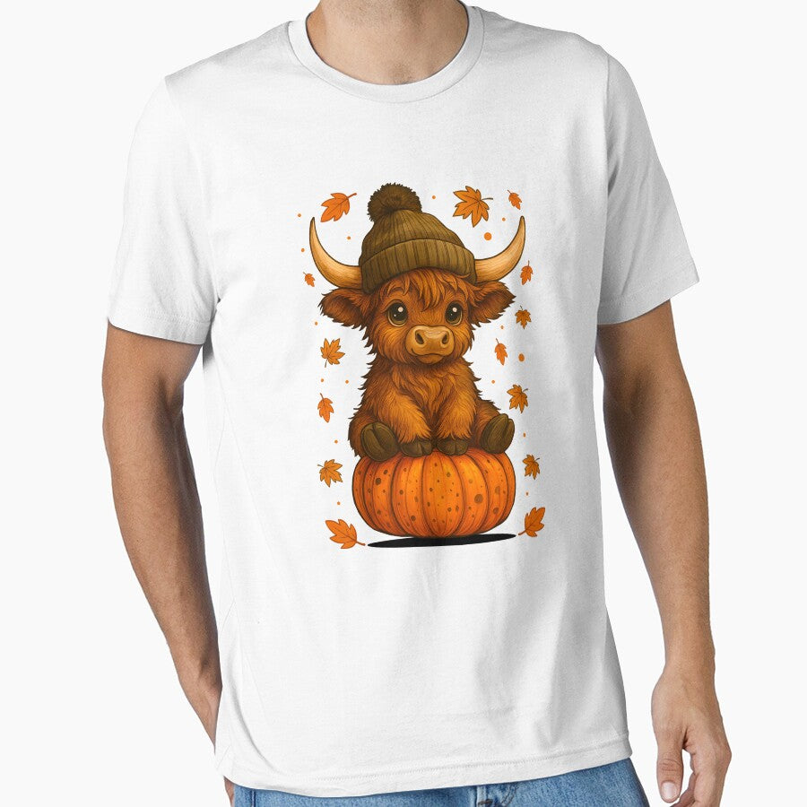 Highland Cow Sitting on Pumpkin with Autumn Leaves Cute Fall Animal Design by tigger shop
