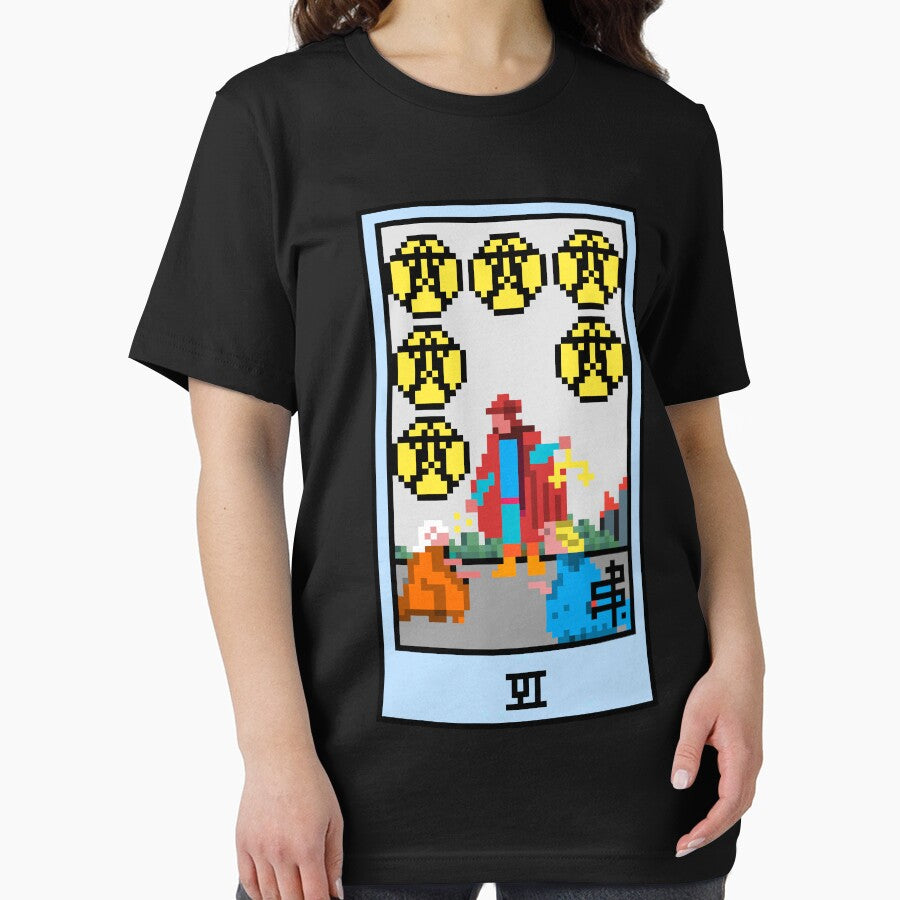 Copy of Wait, is this pixel art tarot? Black - Minor Arcana 'Six of Pentacles' (Design for T-shirt, stickers and other accessories) by Pixel Waite