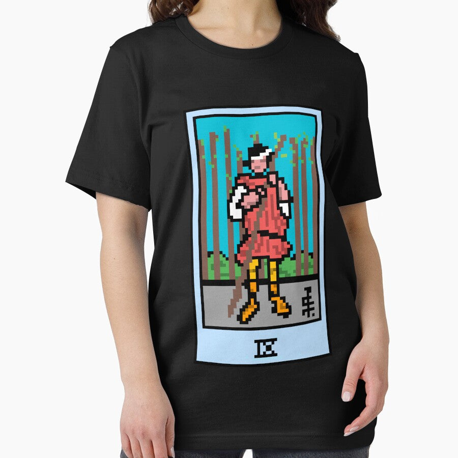 Wait, is this pixel art tarot? Black - Minor Arcana 'Nine of Wands' (Design for T-shirt, stickers and other accessories) by Pixel Waite