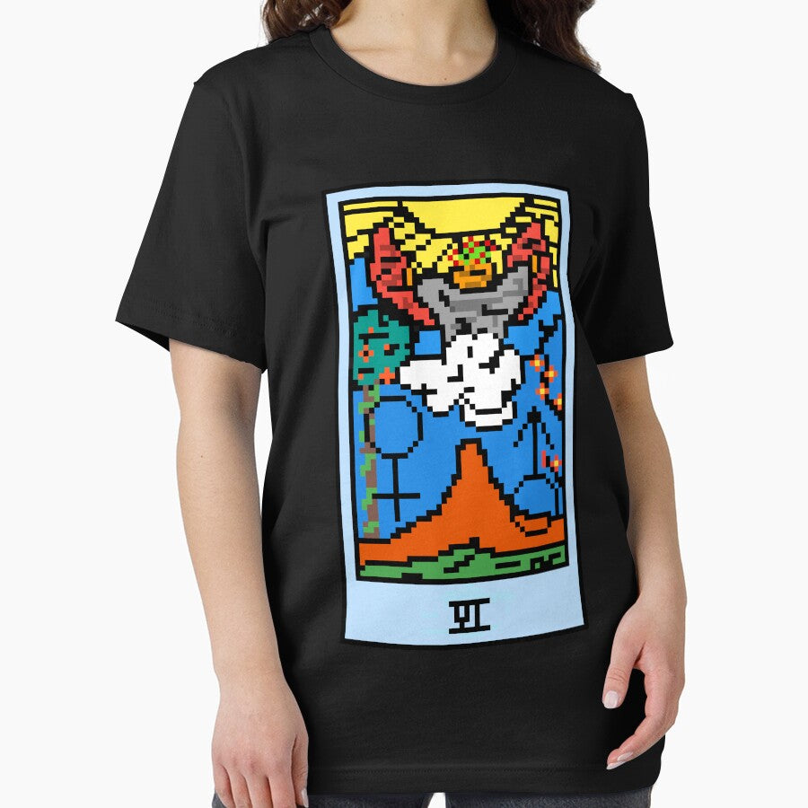 Wait, is this pixel art tarot? Black - Major Arcana 'The Lovers' (Design for T-shirt, stickers and other accessories) by Pixel Waite