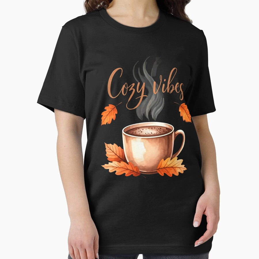 Cozy Vibes Fall T-Shirt | Autumn Coffee Graphic Tee | Cute Autumn Leaves Shirt | Cozy Fall Outfit | Warm Seasonal Apparel by zofron