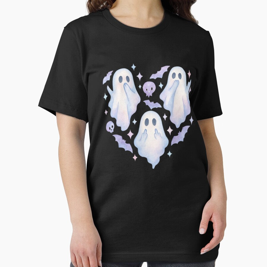 Three Cute Ghosts with Purple Pastel Bats – Sweet and Spooky Pastel Goth Halloween Design by baggycatsworld