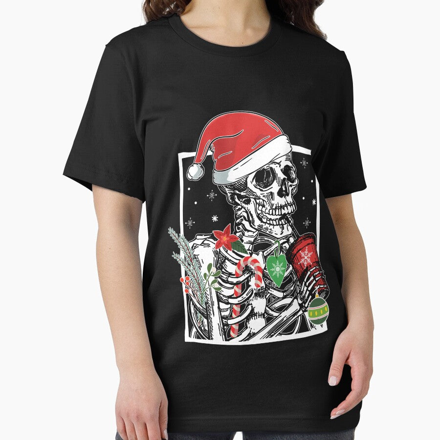 Christmas Skeleton Smiling Skull Drinking Coffee Santa Hat by RikoAiba