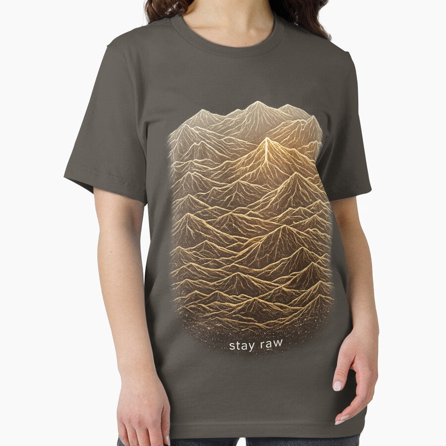 Stay Raw Mountain Minimalist Shirt – Abstract Nature Line Art Tee Gold by NAJURE