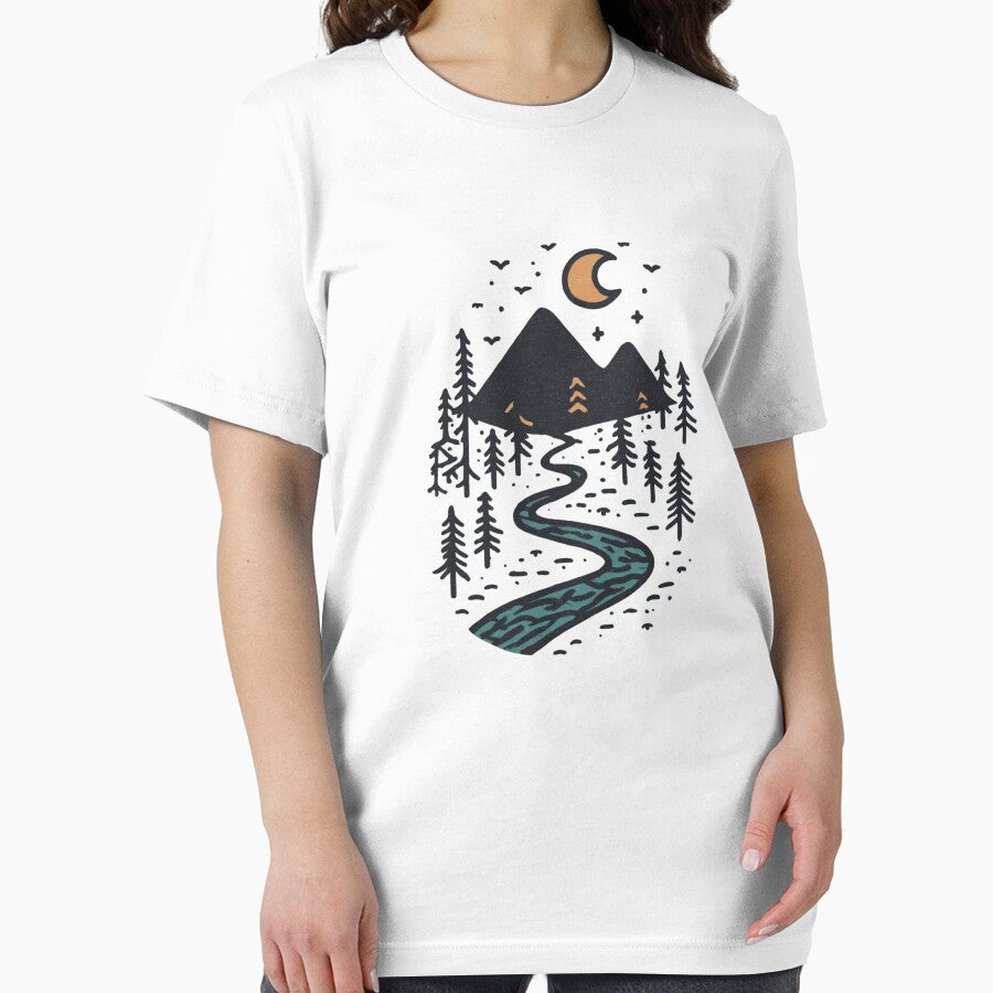 Mountain River Crescent Moon Minimalist Ink Illustration by Blurbean