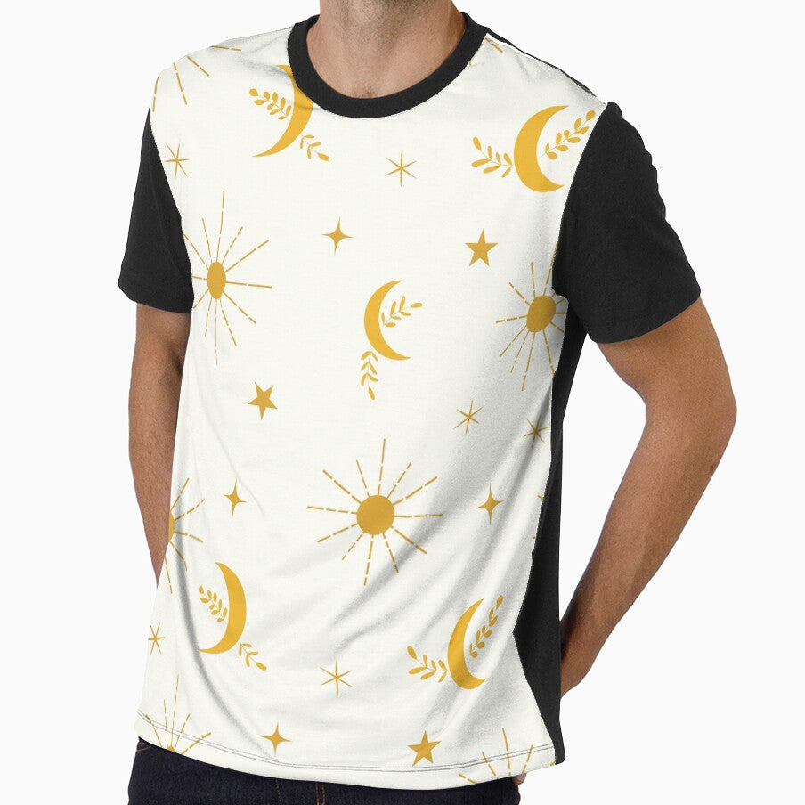 Abstract boho  orange moon and sun  hippie pattern with stars on white by Yasminepatterns