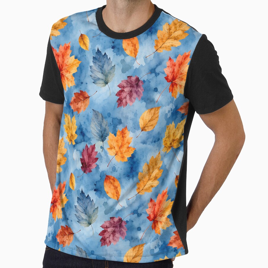 Autumn Leaves on Blue Watercolor Background by blankTeeShirt