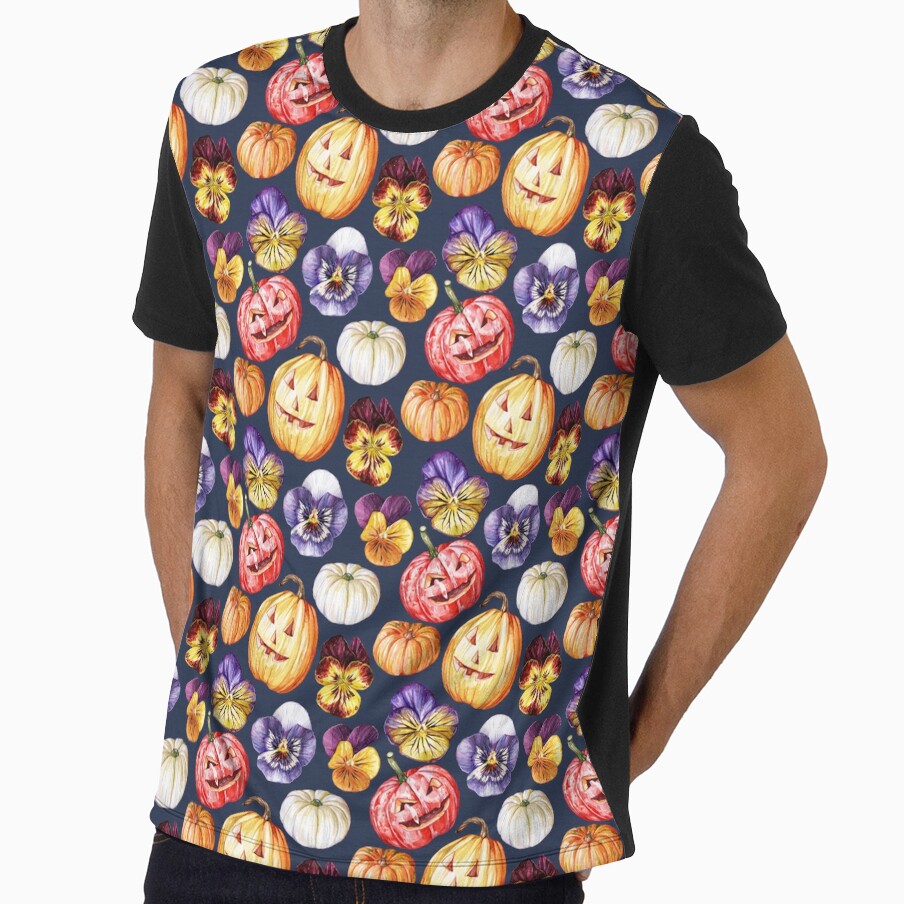 Halloween Pumpkins and Pansies Dark Blue Pattern by Katariina Purru