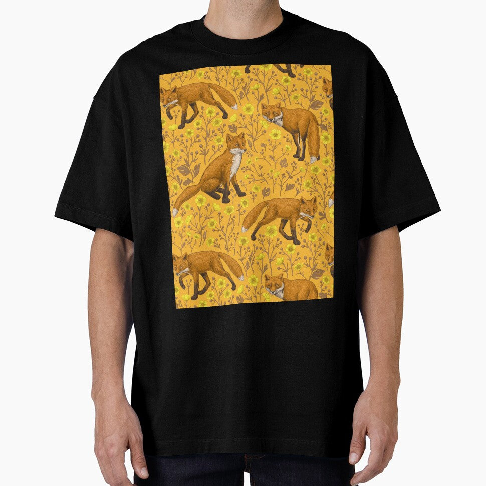 Foxes and buttercups on orange by Katerina Mitkova Kirilova