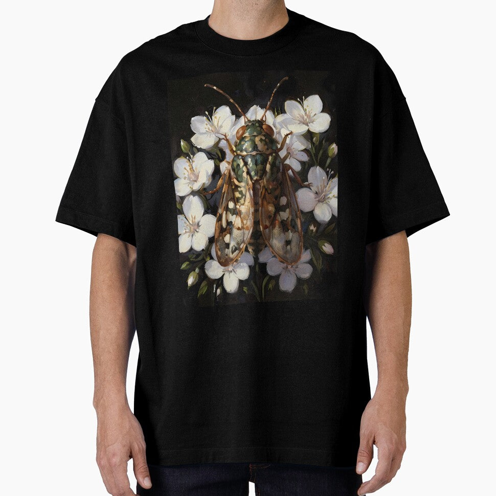 Cicada and white wild flowers - insect bug goblincore oil painting by Fantasy Cache