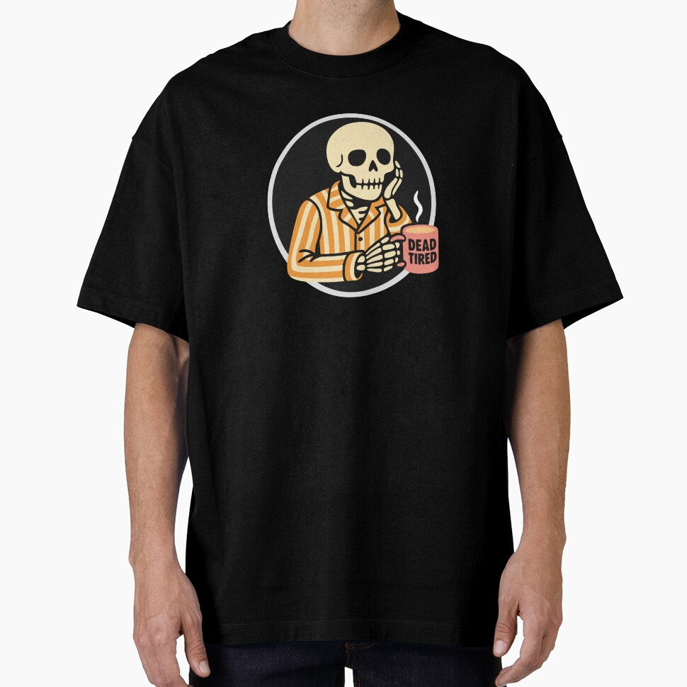 Morning Coffee Skeleton - Skull in Orange Striped Pajamas with Coffee Cup by charlypicazo