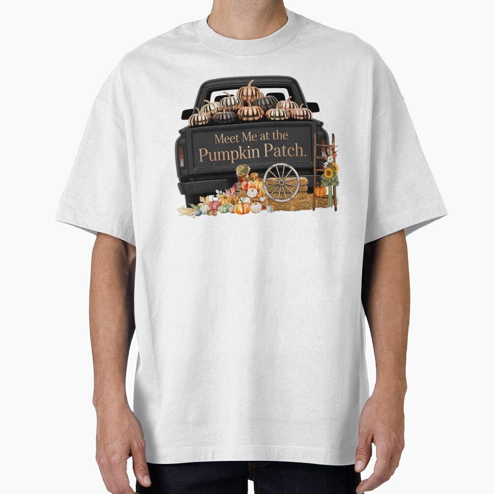 Meet Me at the Pumpkin Patch – Vintage Fall Truck with Neutral Pumpkins – Cozy Autumn Farmhouse Aesthetic Design by CoastalEmp