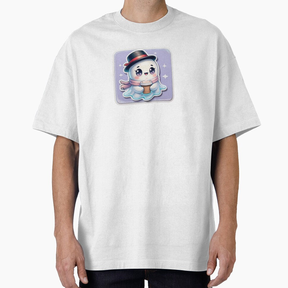 Kawaii Ghost with Top Hat and Coffee by Wonderful World of Whimsy