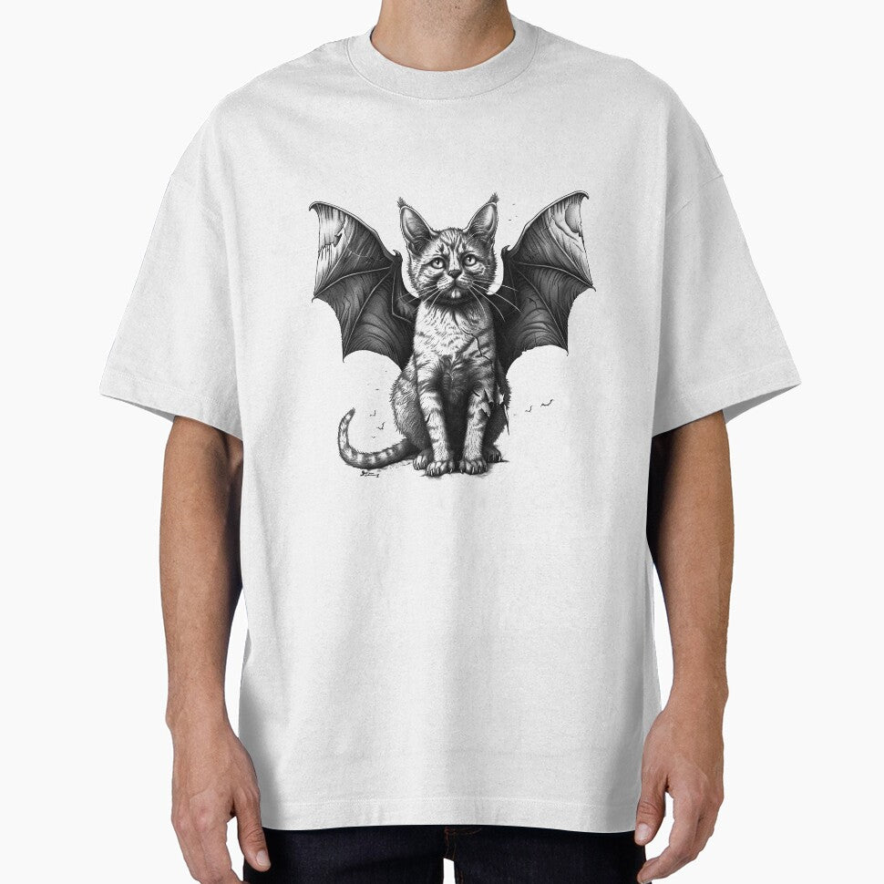 Bat Wing Cat Black and White Gothic Fantasy Animal Illustration by inkoutninja