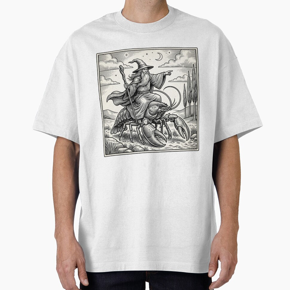 Wizard Riding Lobster Shirt – Fantasy Vintage Engraving Magic Wizard Surreal Graphic Tee by JadmeStudio