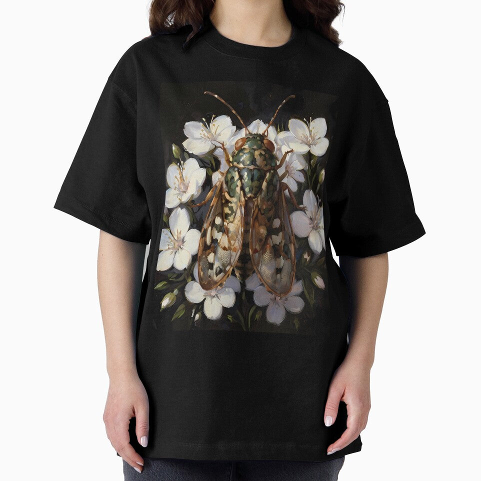 Cicada and white wild flowers - insect bug goblincore oil painting by Fantasy Cache