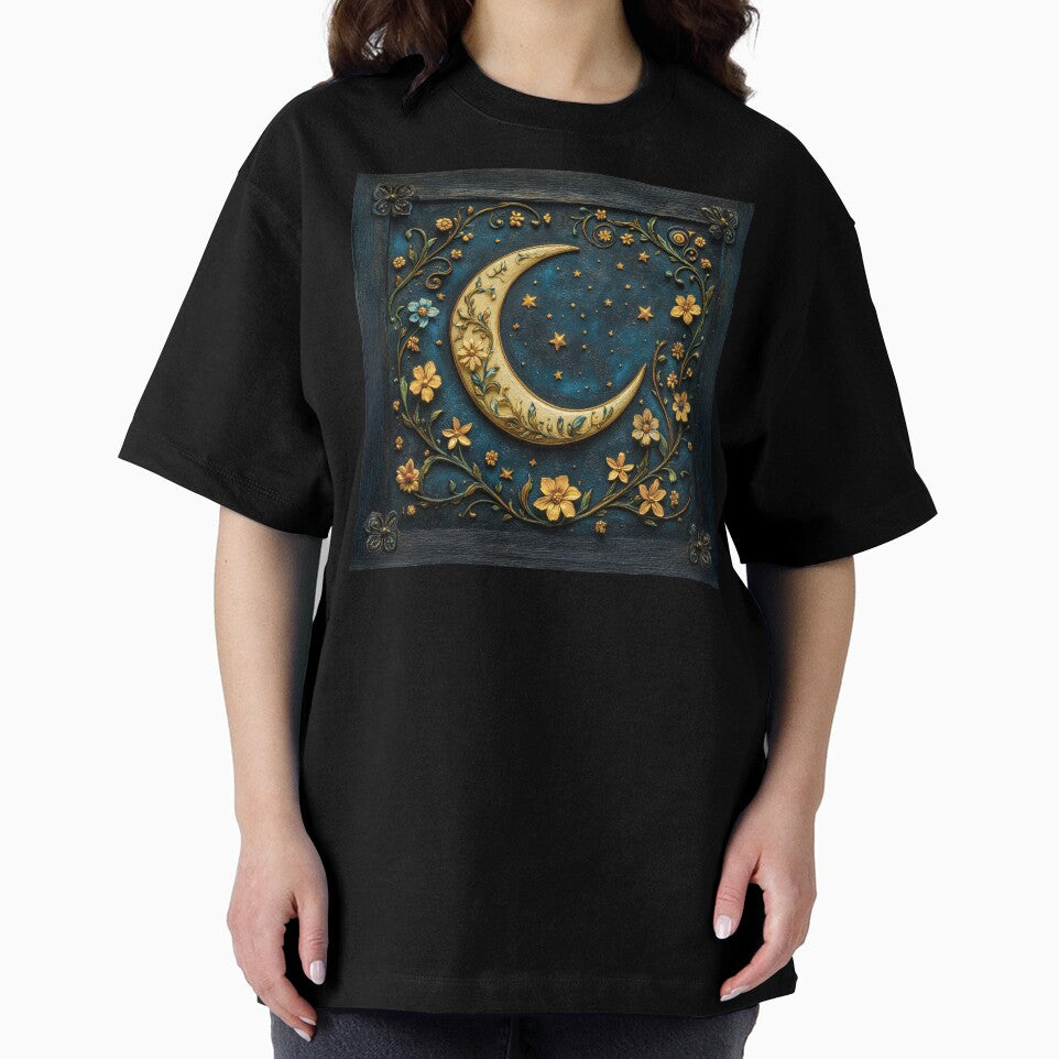 Gothic Dark Academia Crescent Moon, Wildflowers and Stars by MargaretWiktor