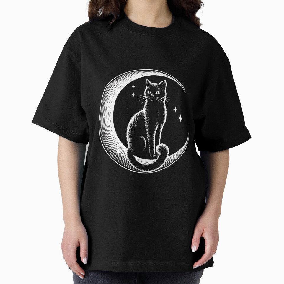 black cat sits on crescent moon by CreativeSparkzz
