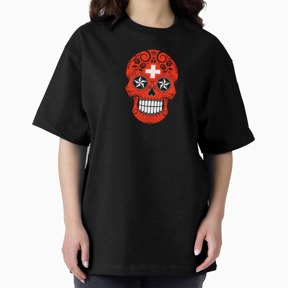 Sugar Skull with Roses and Flag of Switzerland by JeffBartels