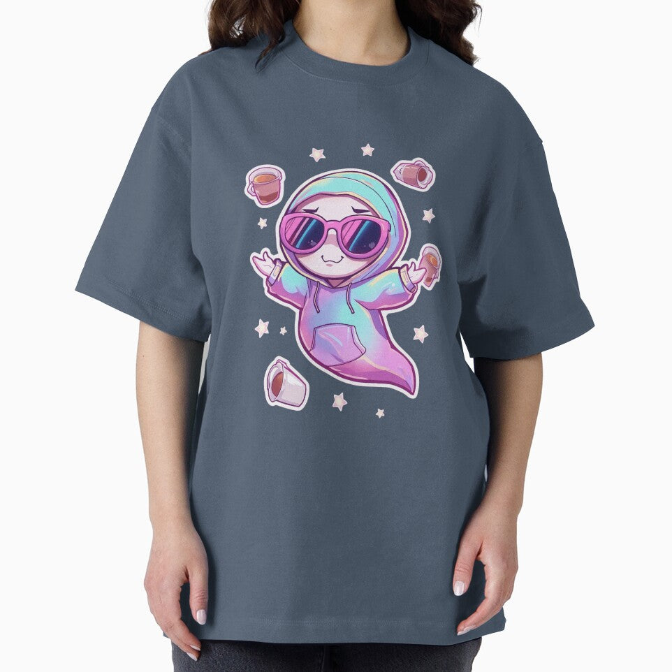 Kawaii Boo Ghost with Coffee Neon Hoodie Aesthetic by Moon's Arts