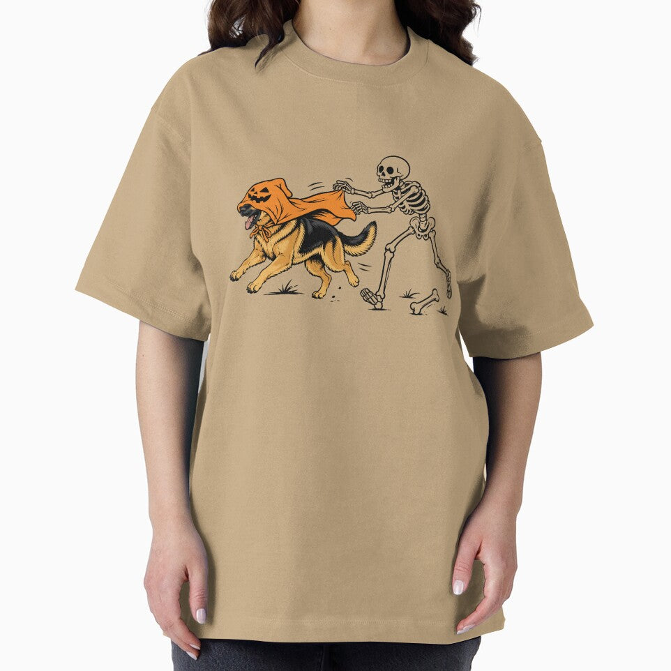Dog in Pumpkin Cape with Skeleton Halloween Design by Krasnovaovaova