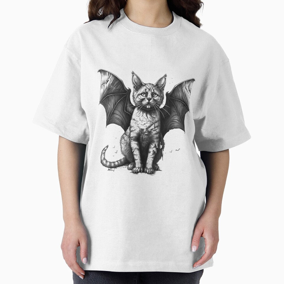 Bat Wing Cat Black and White Gothic Fantasy Animal Illustration by inkoutninja