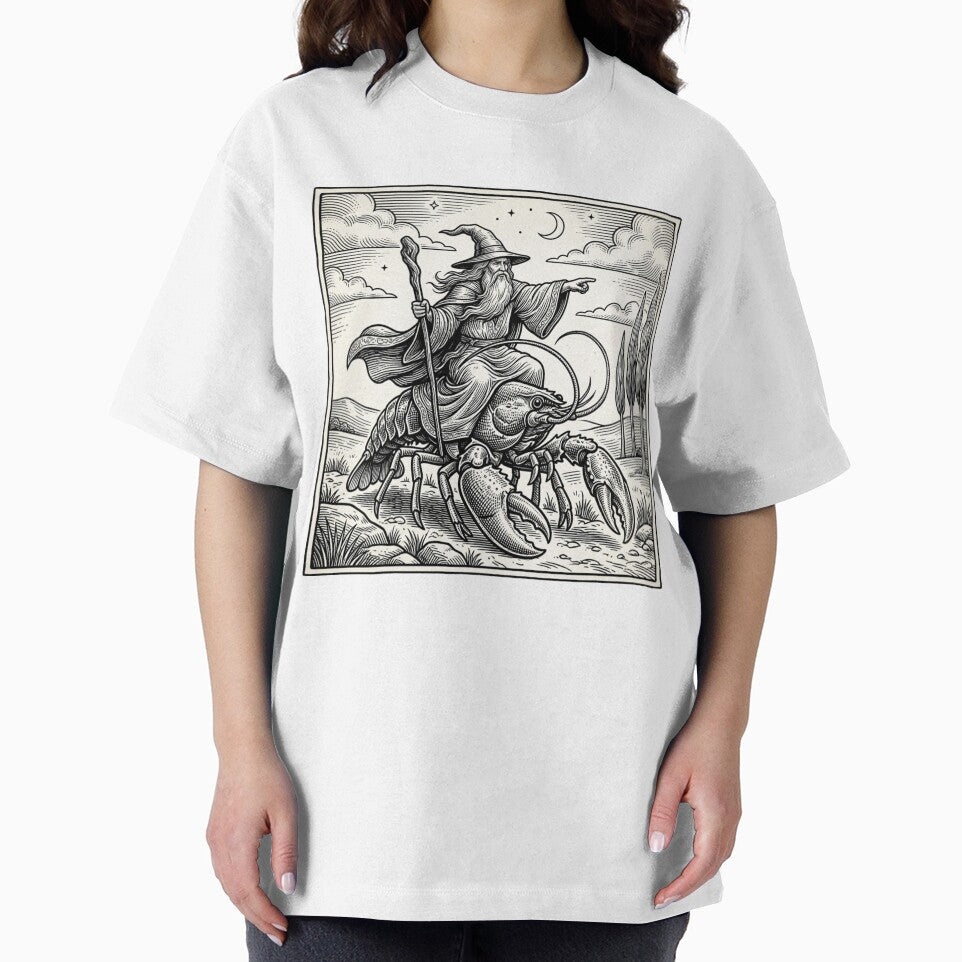Wizard Riding Lobster Shirt – Fantasy Vintage Engraving Magic Wizard Surreal Graphic Tee by JadmeStudio