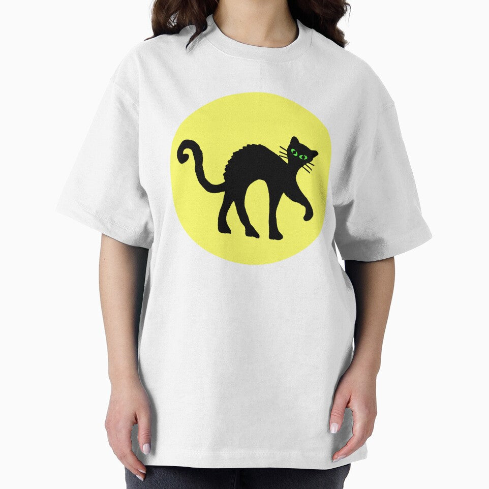 Black Cat on Fence Yellow Moon Orange by DeerSpirit